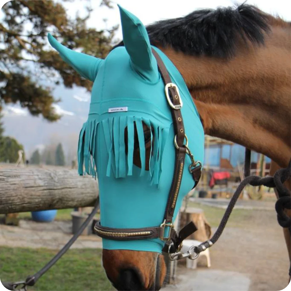 Pferd Fliegenschutz | Insektenschutz | Kopfschutz & Ohrenschutz mit Stirnfransen | VetMedCare®. Feedbild.